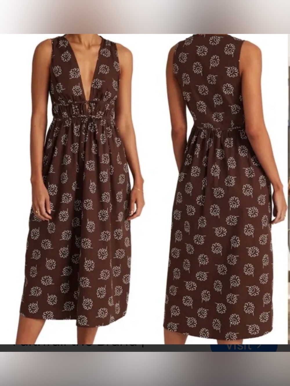 Faithfull the Brand Brown Floral Midi Dress with White Print Size 4